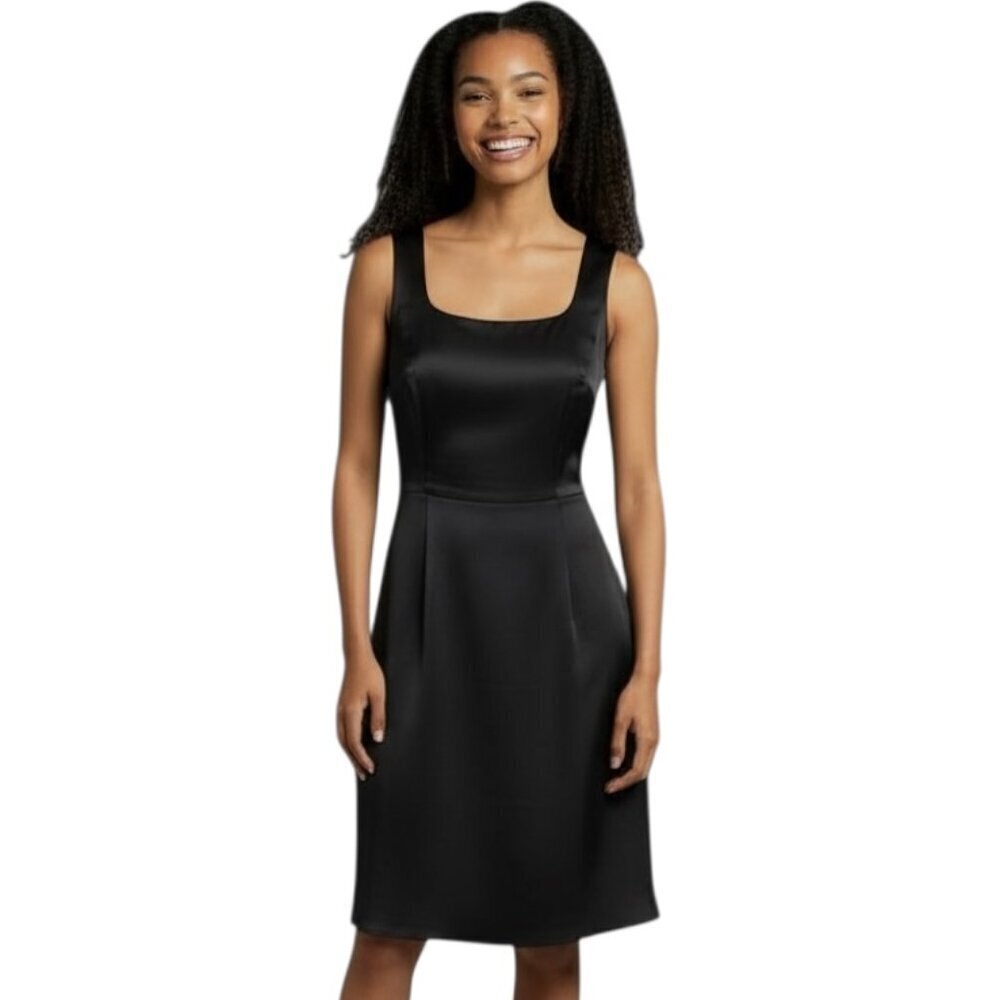 H&M Women's Little Black Dress 6 Sheath Sleeveless Sateen Knee Length Lined Zip